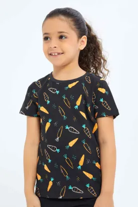 Girls Black Printed T-Shirt