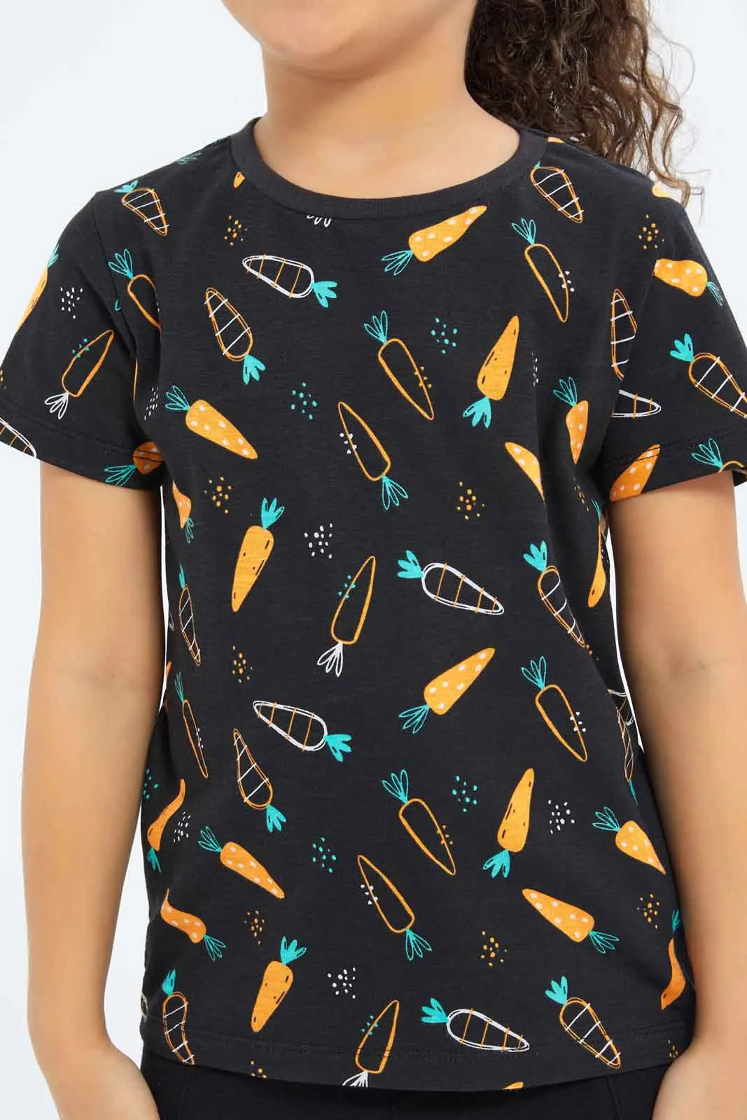 Girls Black Printed T-Shirt