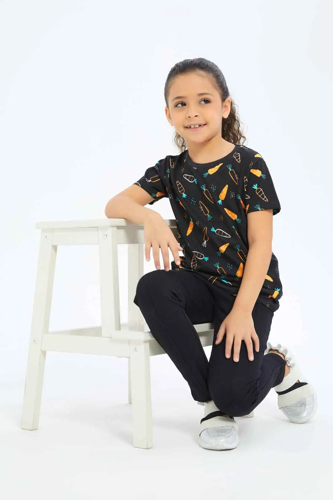 Girls Black Printed T-Shirt