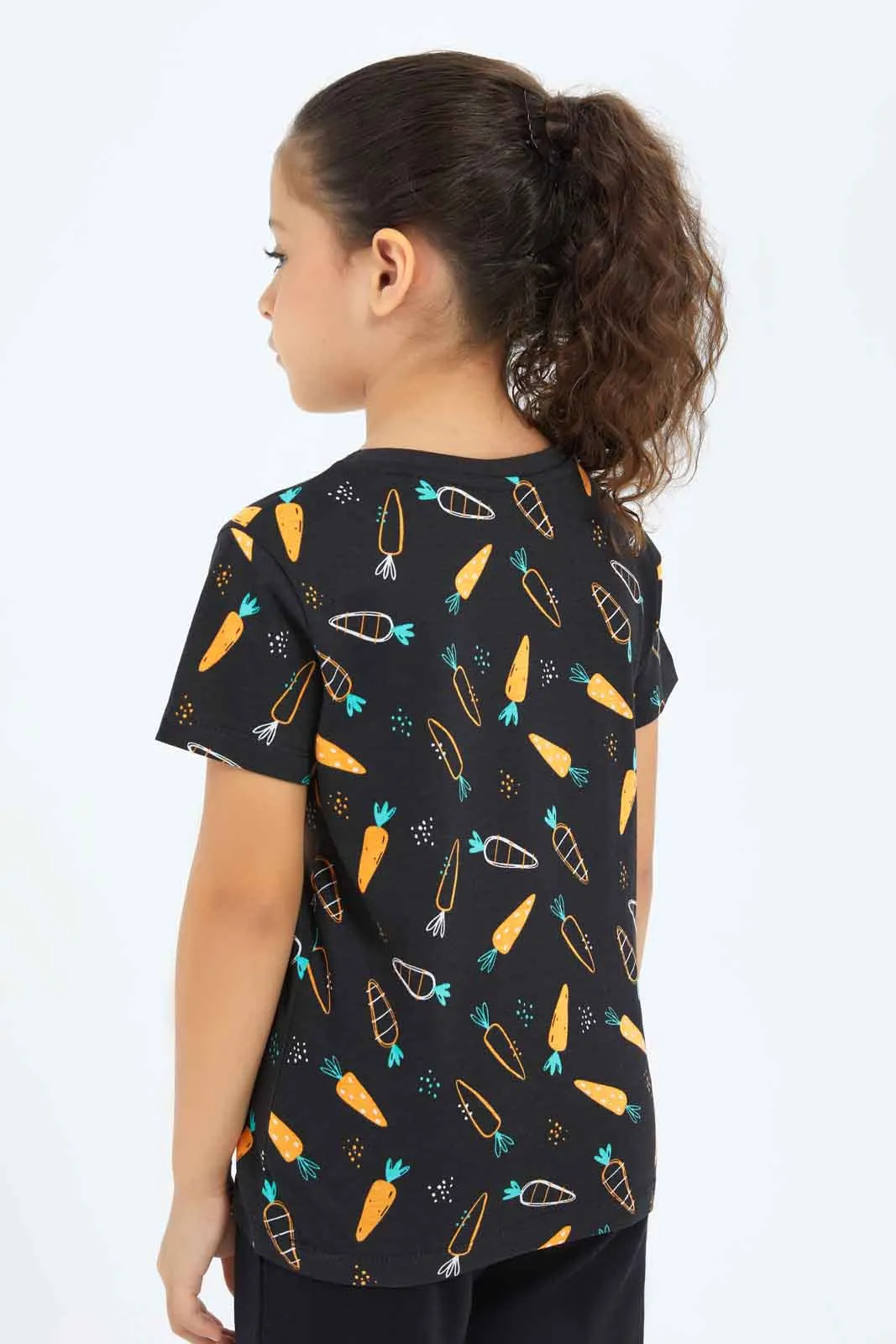 Girls Black Printed T-Shirt