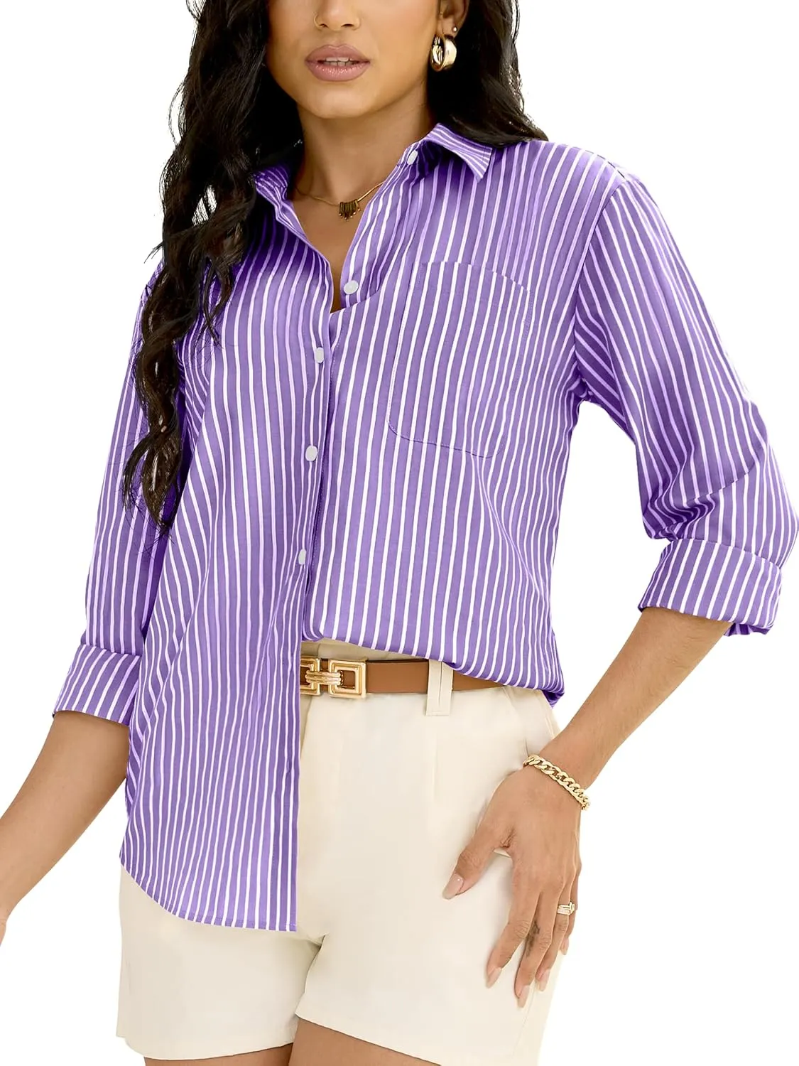 Grade 3.5 Wrinkle-Resistant Womens Vertical Striped Button Down Shirts Long Sleeve Dress Shirt Office Work Blouse