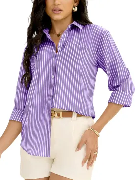 Grade 3.5 Wrinkle-Resistant Womens Vertical Striped Button Down Shirts Long Sleeve Dress Shirt Office Work Blouse