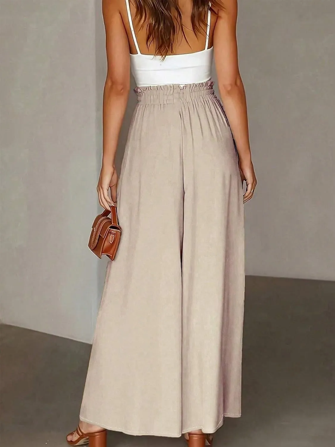 High Elastic High Waist Belted Pleated Elegant Drawstring Waist Wide Leg Pants for Work