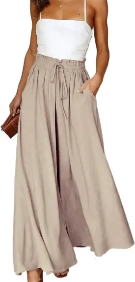 High Elastic High Waist Belted Pleated Elegant Drawstring Waist Wide Leg Pants for Work