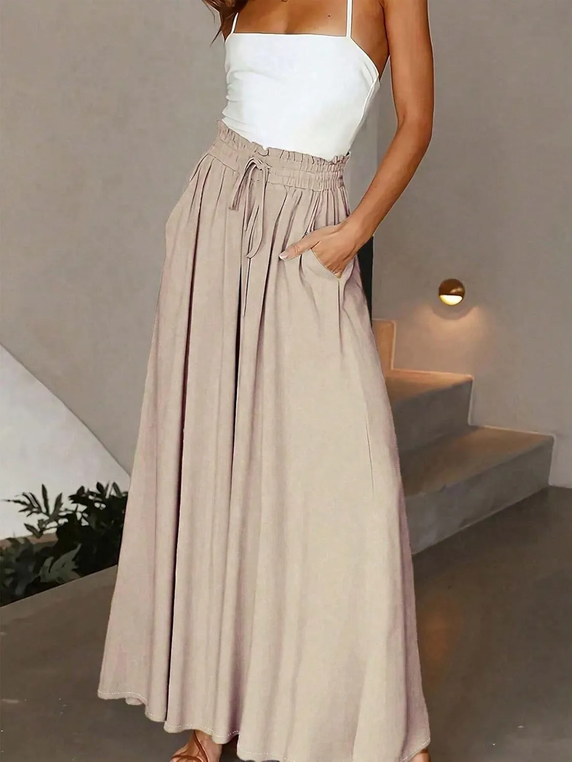 High Elastic High Waist Belted Pleated Elegant Drawstring Waist Wide Leg Pants for Work