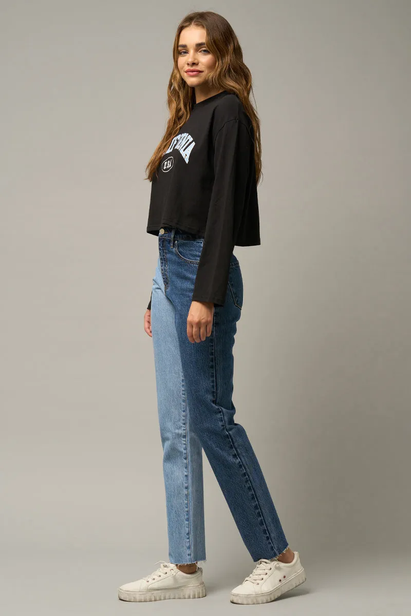 High Rise Two Tone Straight Jeans