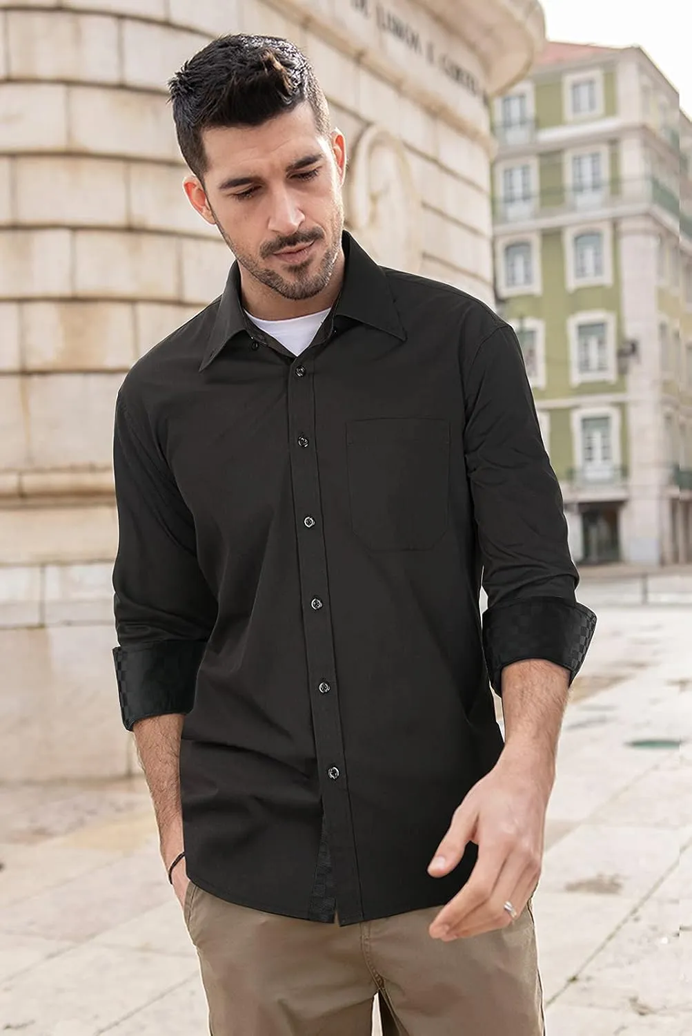 HISDERN Mens Dress Shirts Long Sleeve Button Down Casual Shirts for Men Inner Contrast Formal Business Tuxedo Wedding Shirt