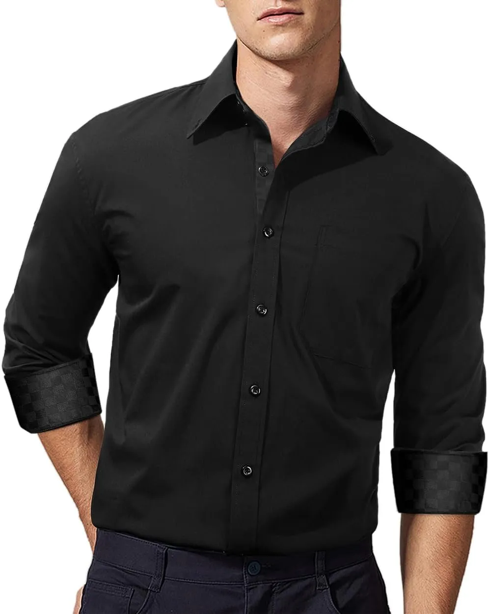 HISDERN Mens Dress Shirts Long Sleeve Button Down Casual Shirts for Men Inner Contrast Formal Business Tuxedo Wedding Shirt