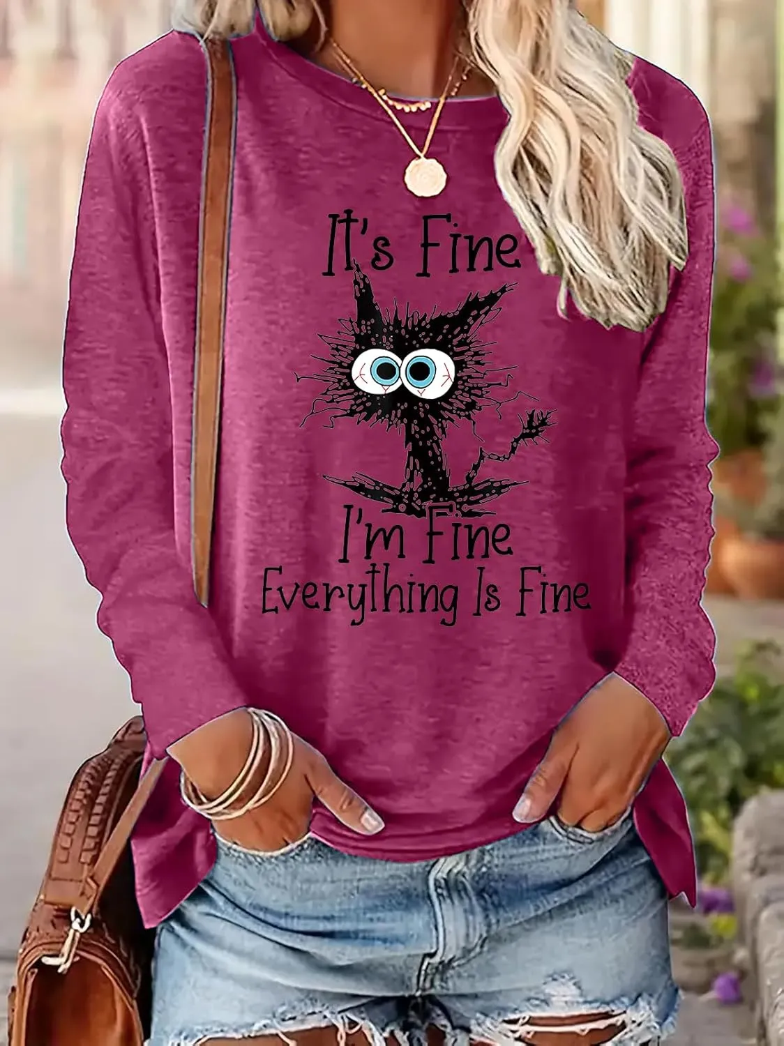 It's Fine I'm Fine Everything is Fine Funny Cat Printed T-Shirt for Women Long Sleeve
