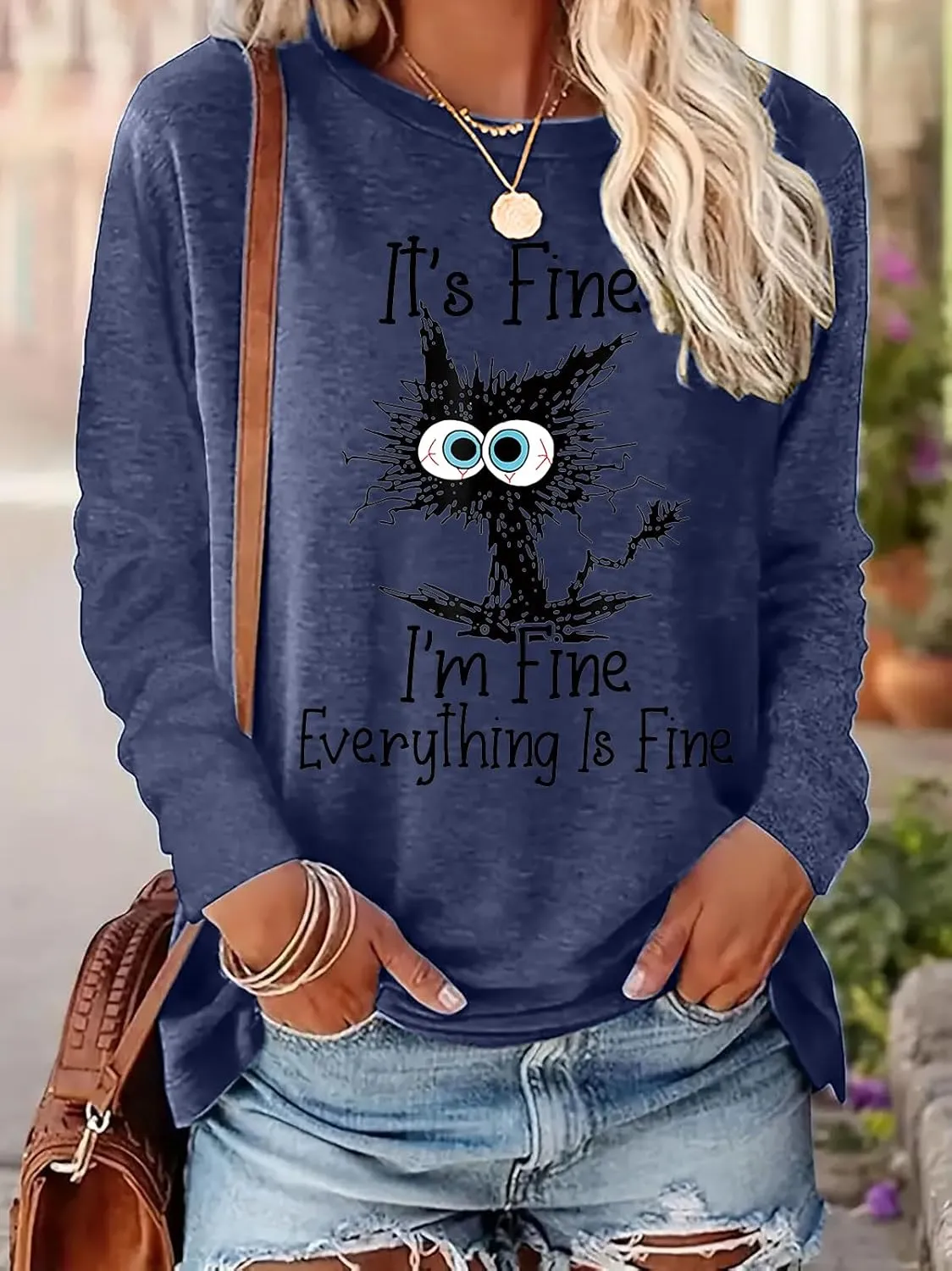 It's Fine I'm Fine Everything is Fine Funny Cat Printed T-Shirt for Women Long Sleeve