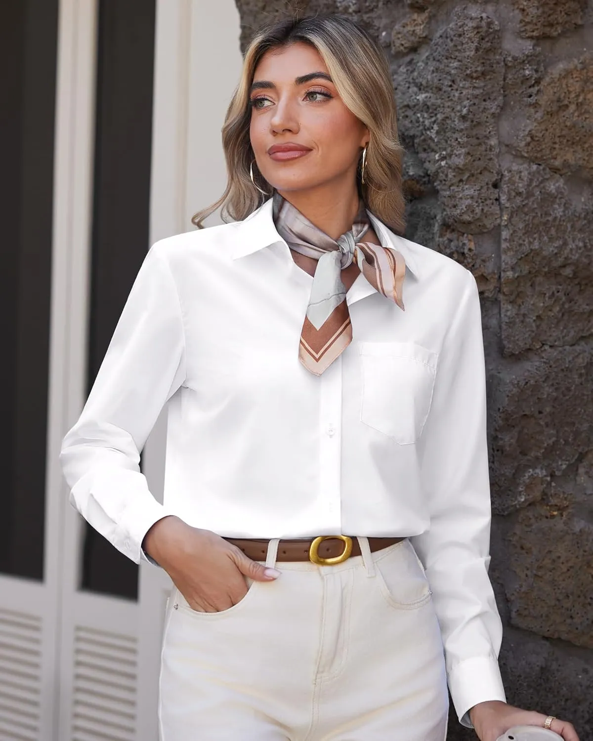 J.VER Womens Button Down Dress Shirts Solid Long Sleeve Wrinkle Free Formal Collared Shirt Casual Business Blouse with Pocket