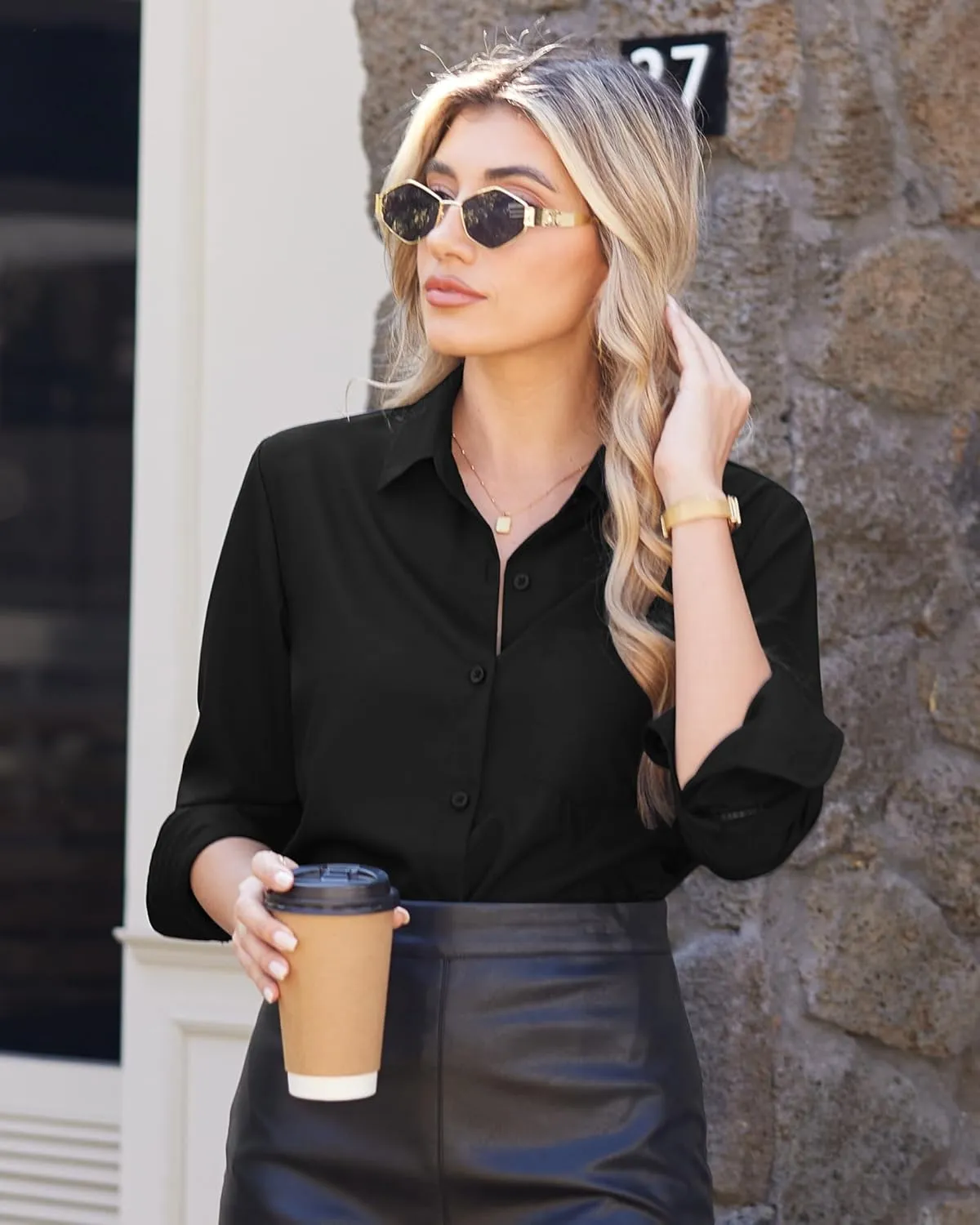 J.VER Womens Button Down Dress Shirts Solid Long Sleeve Wrinkle Free Formal Collared Shirt Casual Business Blouse with Pocket