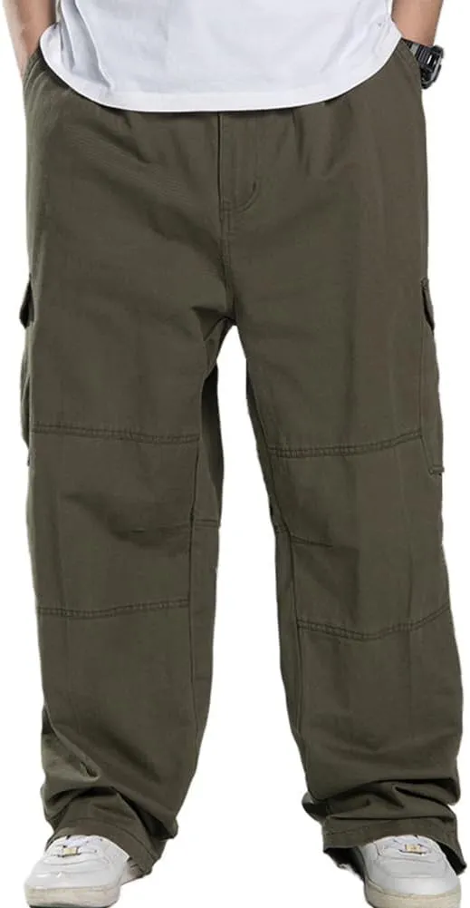 Kinghua Men's Baggy Cargo Pants Casual Loose Fit Elastic Waist Cotton Twill Cargo Pants