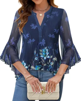 Lotusmile Women's 3/4 Sleeve Dressy Tops Elegant V Neck Blouse for Women Casual Work Evening Party