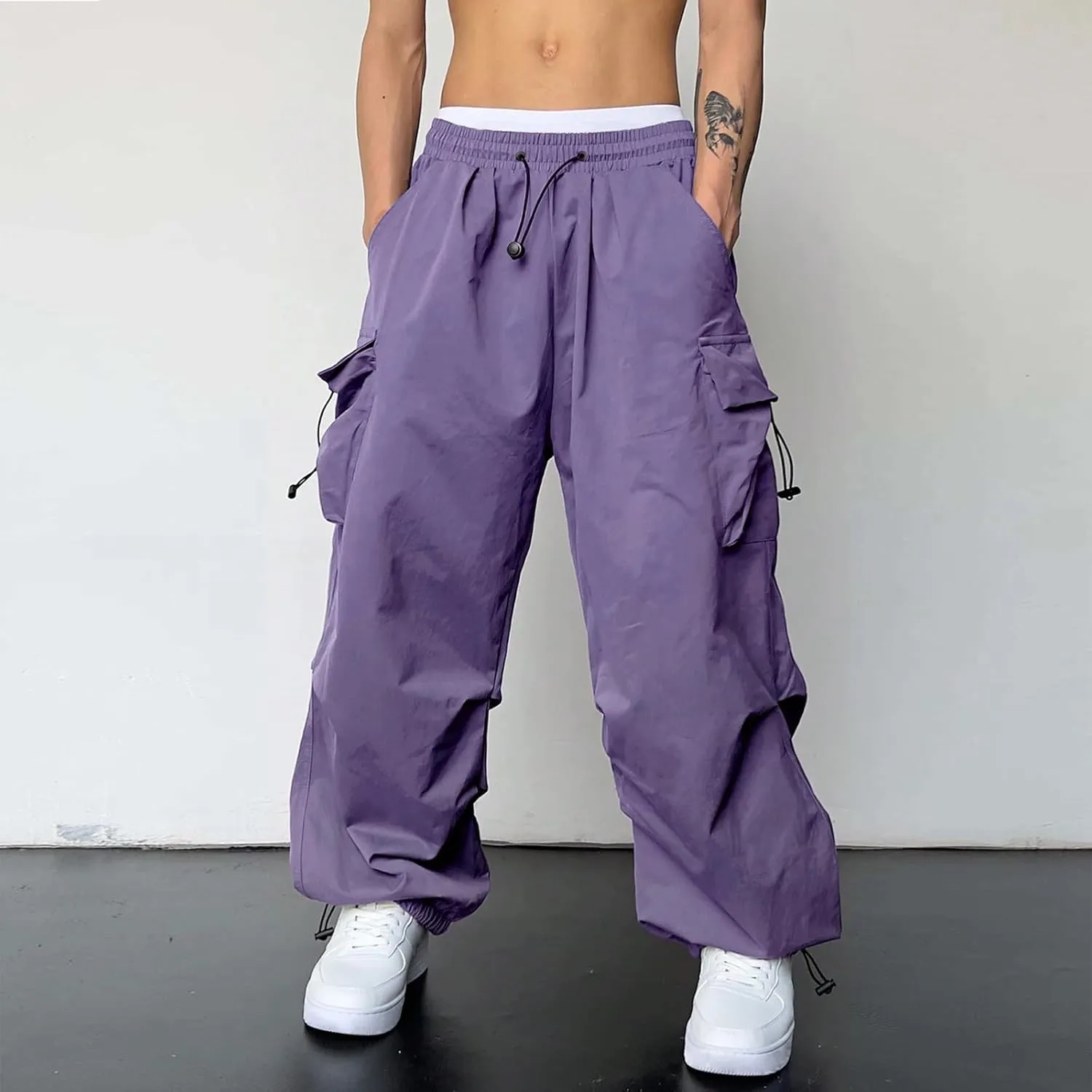 Men's Baggy Cargo Pants,Work Parachute Cargo Pants Y2k Casual Hip Hop Harem Pants with Pockets Sports Running Streewear