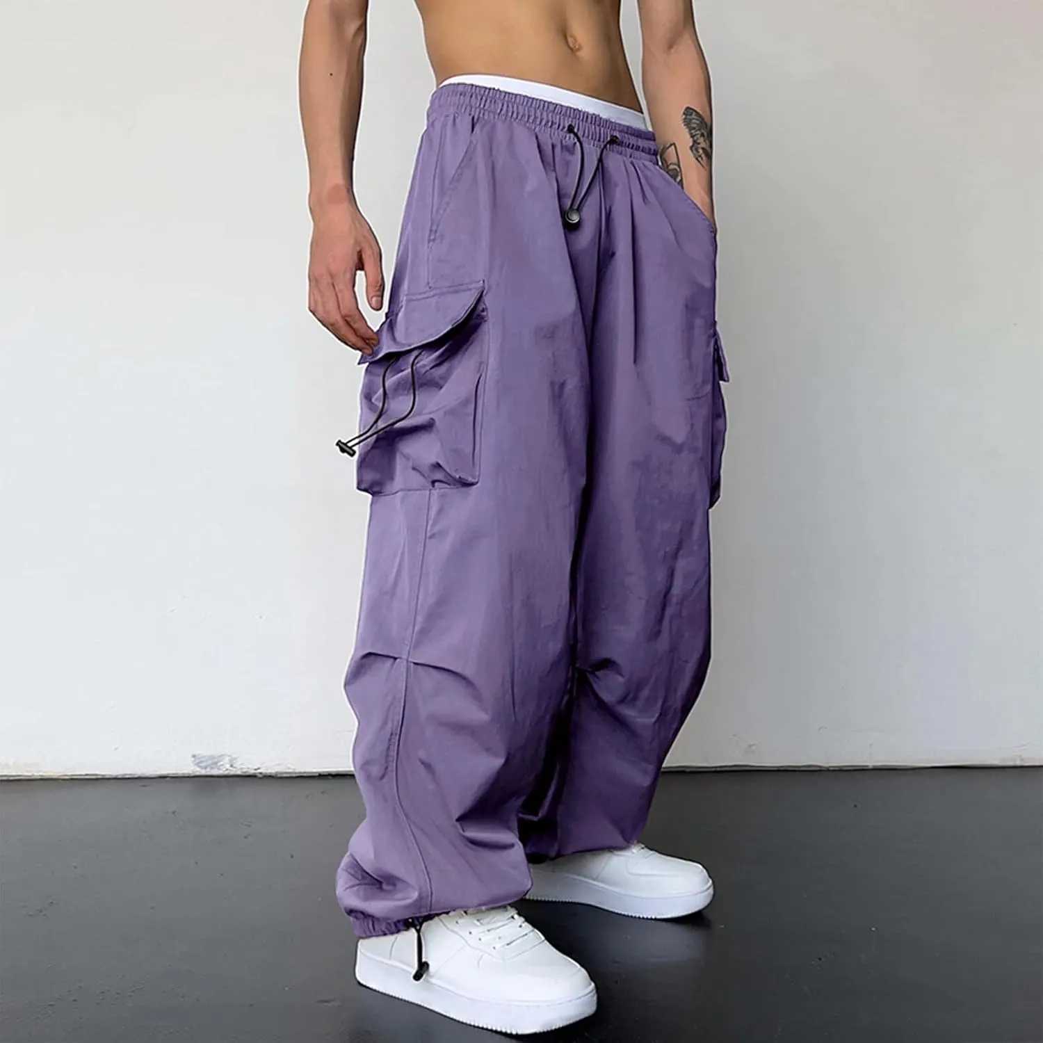 Men's Baggy Cargo Pants,Work Parachute Cargo Pants Y2k Casual Hip Hop Harem Pants with Pockets Sports Running Streewear