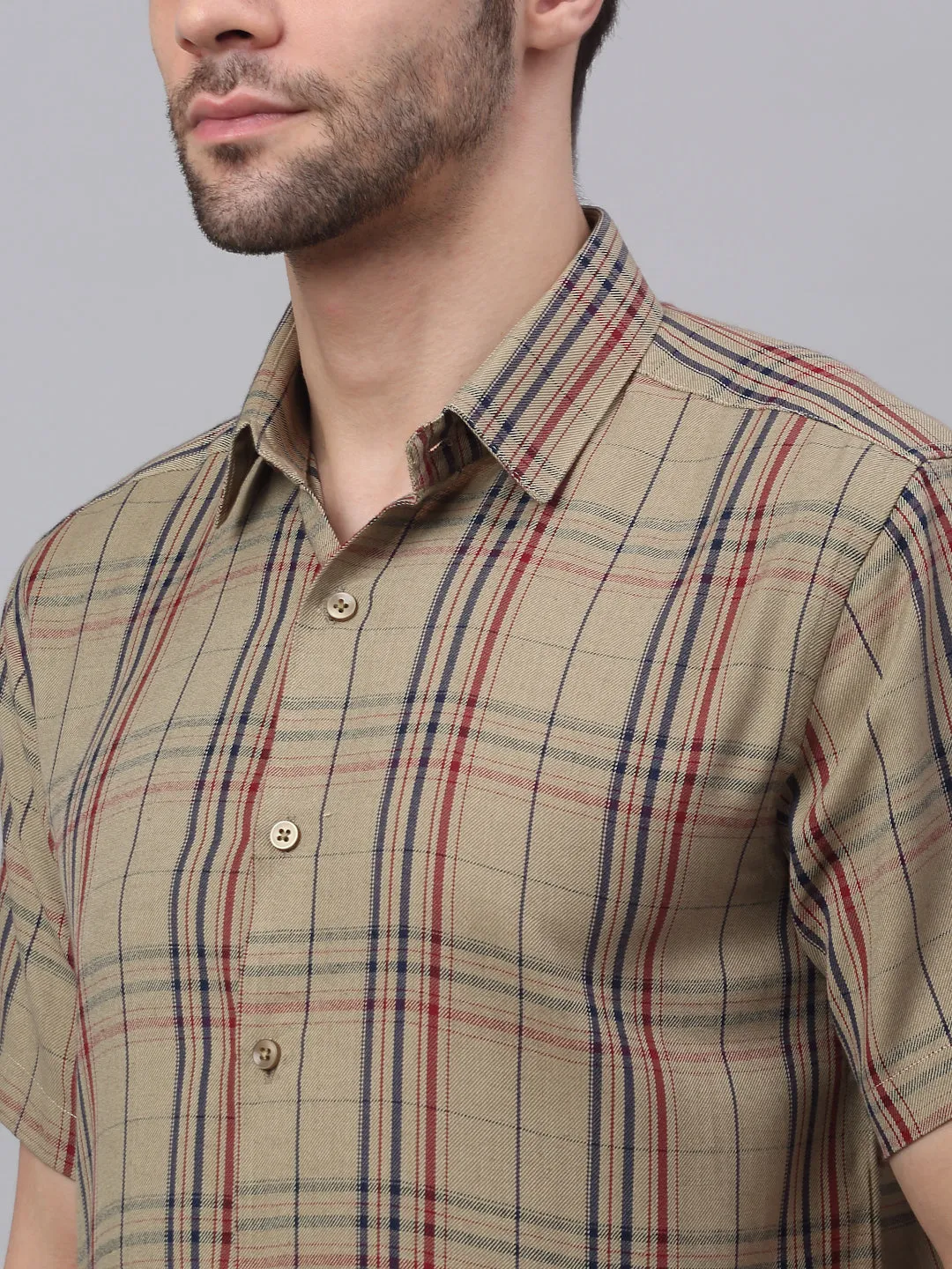 Men's Brown Half Sleeve Checked Formal Shirt - Taantav