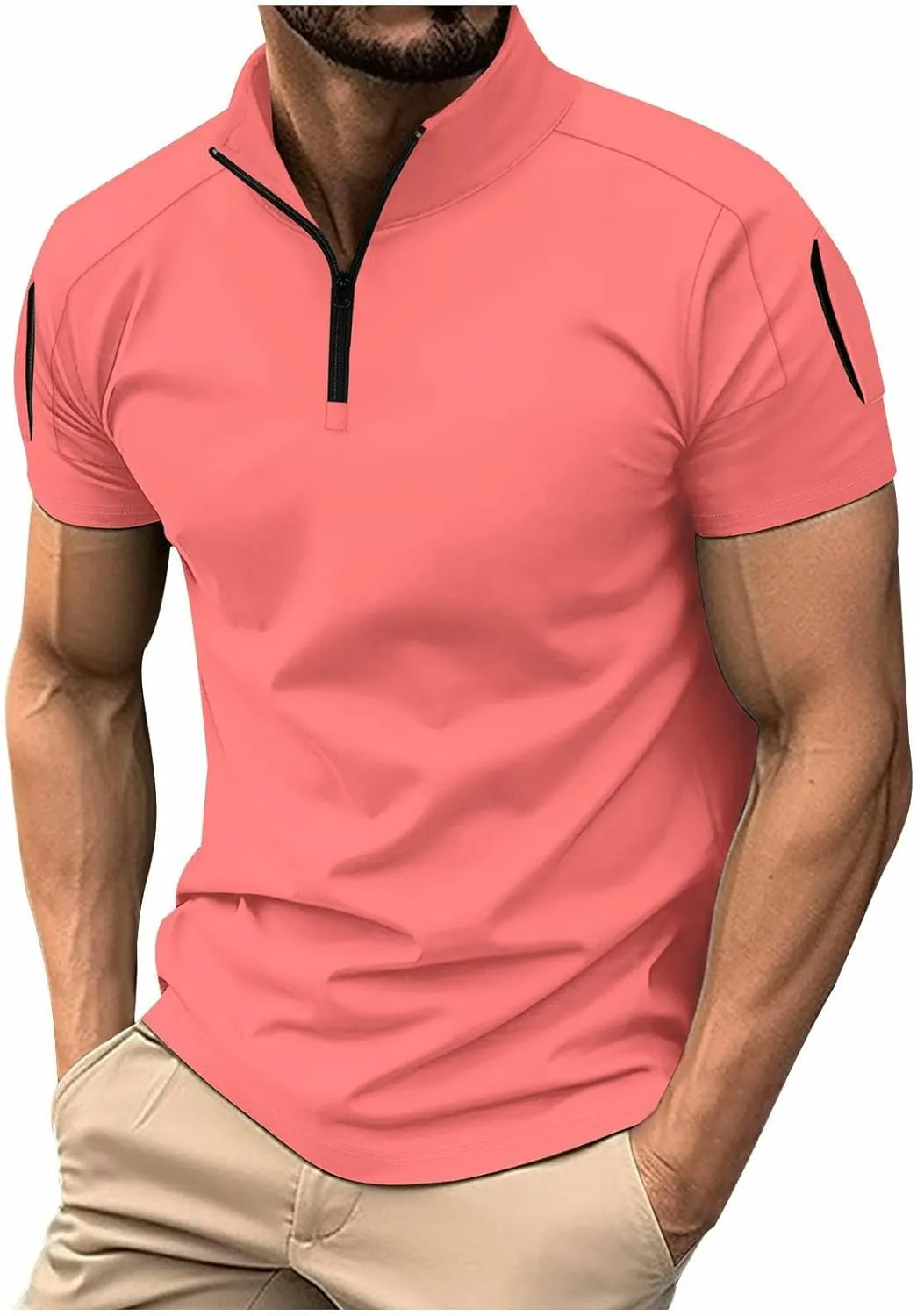 Mens Casual Business 1/4 Zipper Shirts Short Sleeve Stand Collar Muscle Pullover Tops Outdoor Athletic Golf Shirt