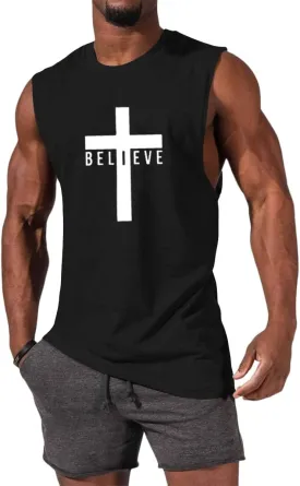 Men's Cotton Graphic Tank Tops Jesus Cross Believe Printed Faith Christian Shirts