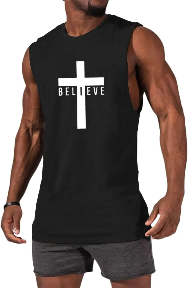 Men's Cotton Graphic Tank Tops Jesus Cross Believe Printed Faith Christian Shirts