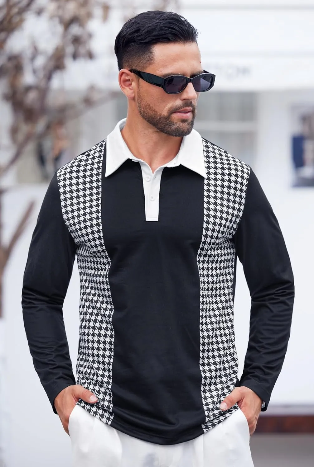 Mens Long Sleeve Polo Shirts Print Casual Vintage Classic Golf Shirt (S-XXL)