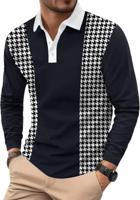 Mens Long Sleeve Polo Shirts Print Casual Vintage Classic Golf Shirt (S-XXL)