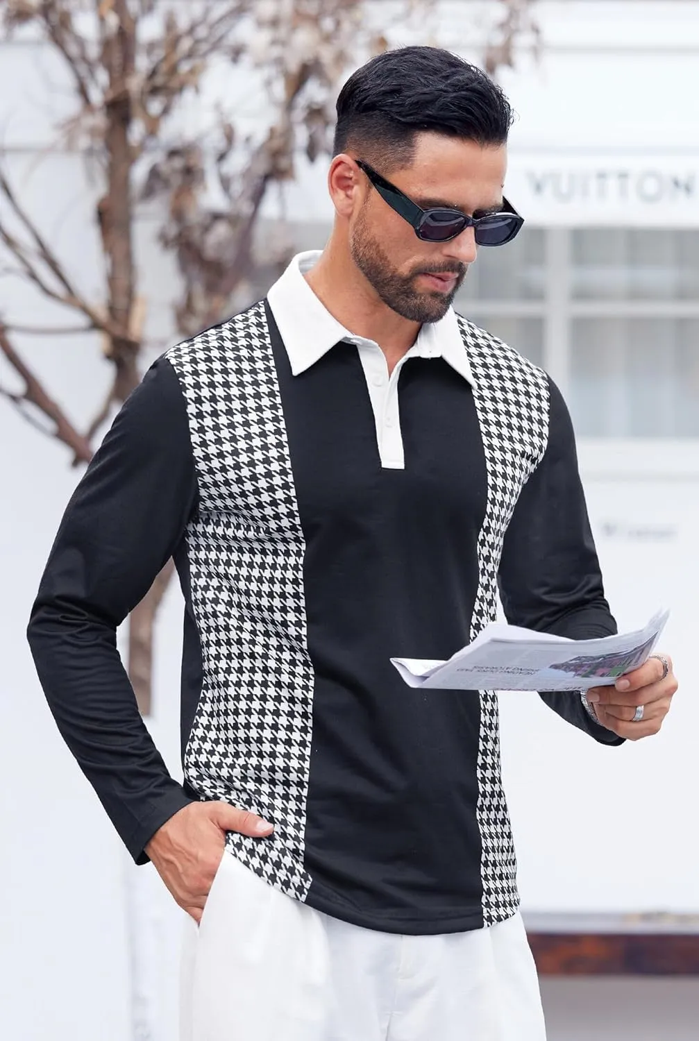 Mens Long Sleeve Polo Shirts Print Casual Vintage Classic Golf Shirt (S-XXL)