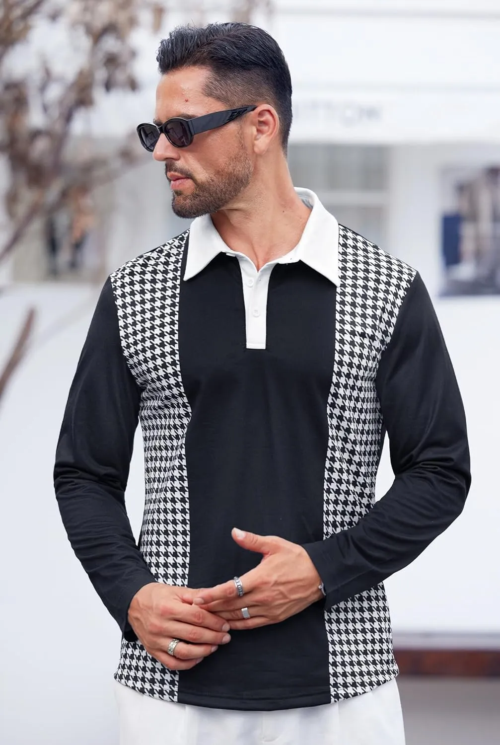 Mens Long Sleeve Polo Shirts Print Casual Vintage Classic Golf Shirt (S-XXL)