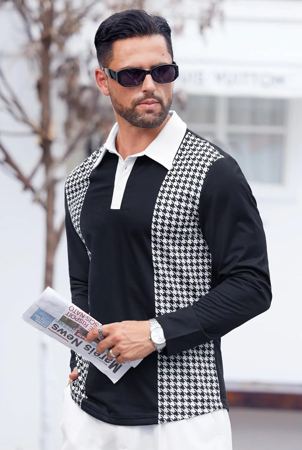 Mens Long Sleeve Polo Shirts Print Casual Vintage Classic Golf Shirt (S-XXL)