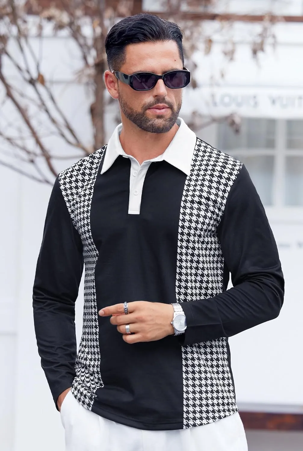 Mens Long Sleeve Polo Shirts Print Casual Vintage Classic Golf Shirt (S-XXL)