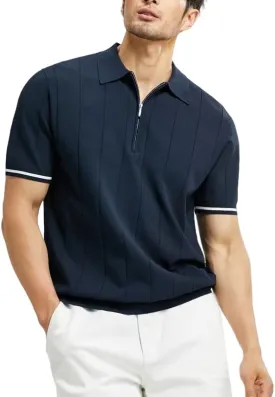 Men's Short Sleeve Polo Shirts Lightweight Golf Shirts Zipper Ribbed Knit Polo Shirts Navy