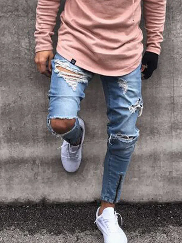 Men's Zip Design Ripped Jeans