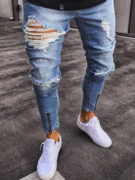 Men's Zip Design Ripped Jeans