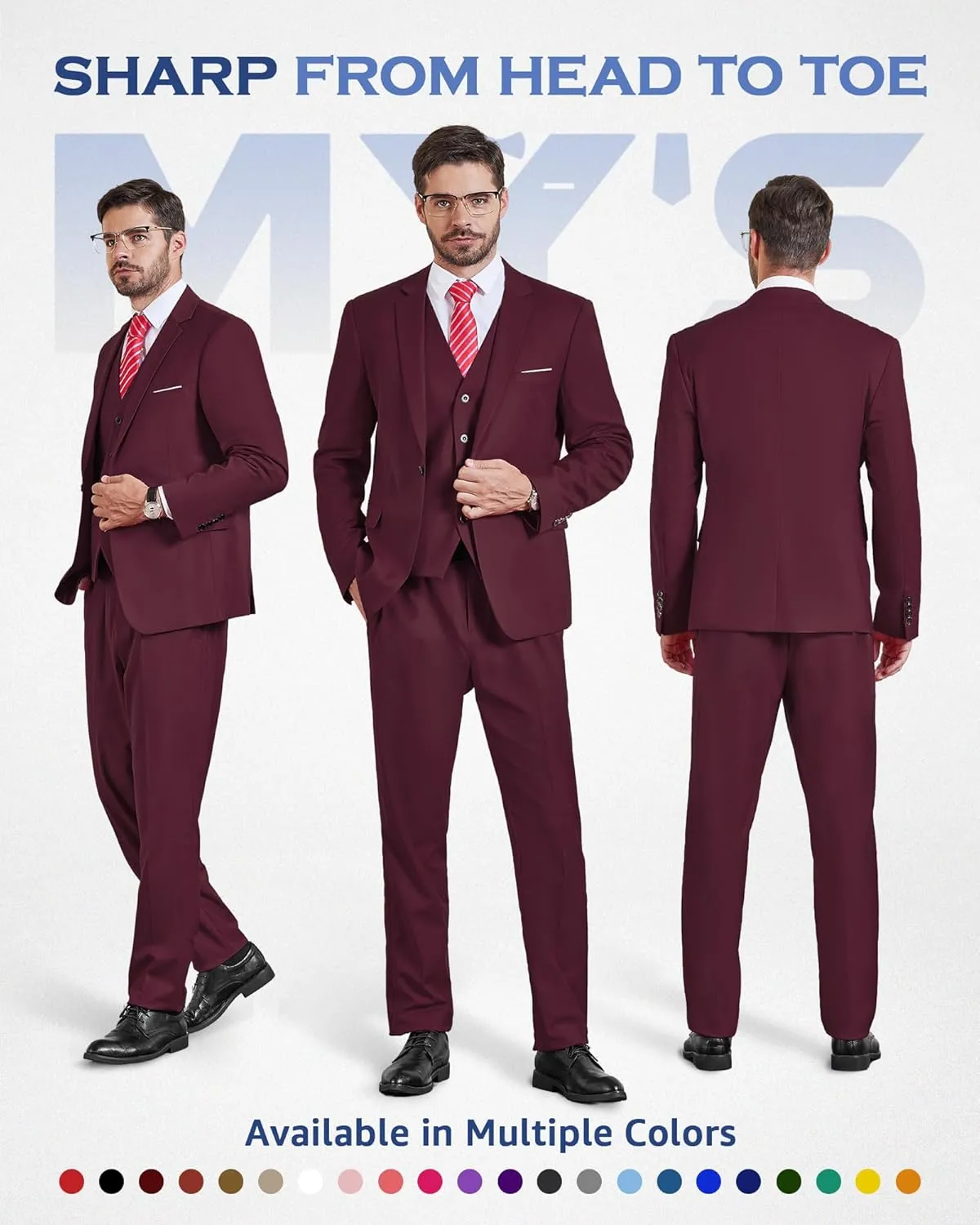 MY'S Men's Blazer Vest Pants Set, One Button Jacket Waistcoat and Trousers, Solid Party Wedding Dress