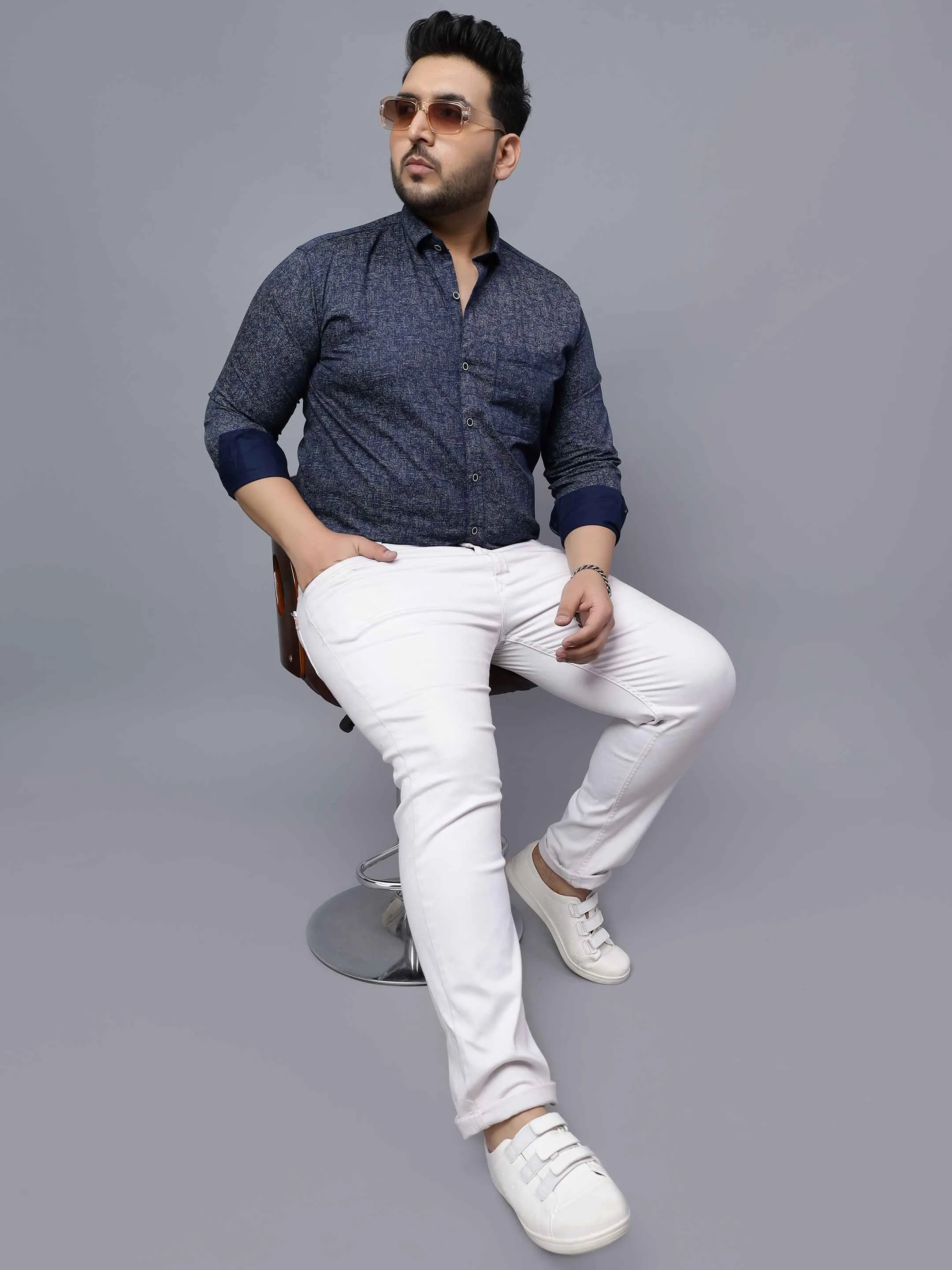 Navy Blue Printed Plus Size Shirt