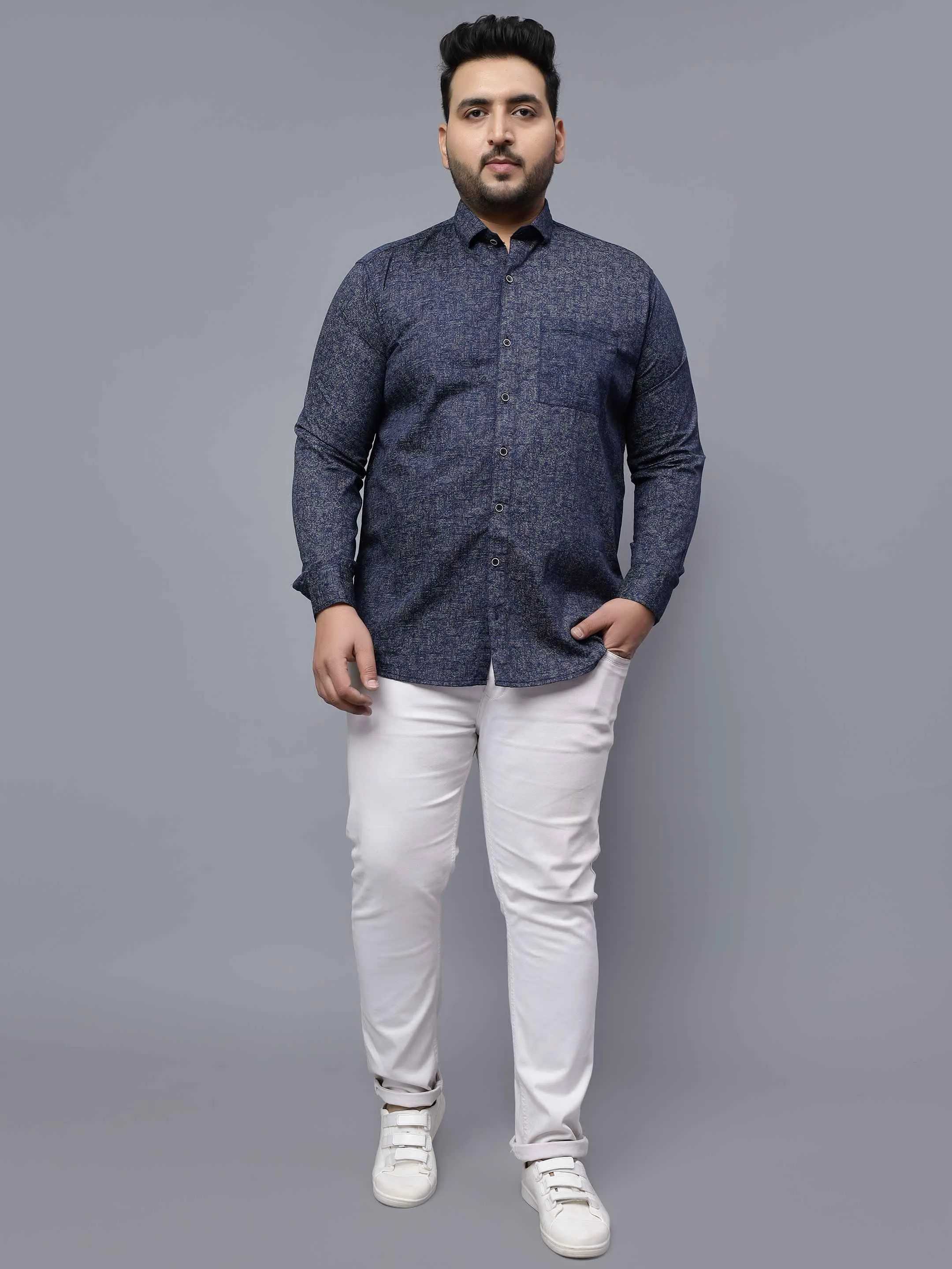 Navy Blue Printed Plus Size Shirt