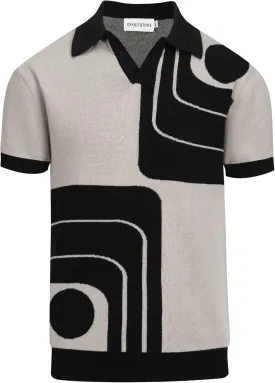 OXKNIT Mens Black V-Neck Polo Shirt 1960s Style Knit Golf Polo Short Sleeve Vintage Summer Shirt