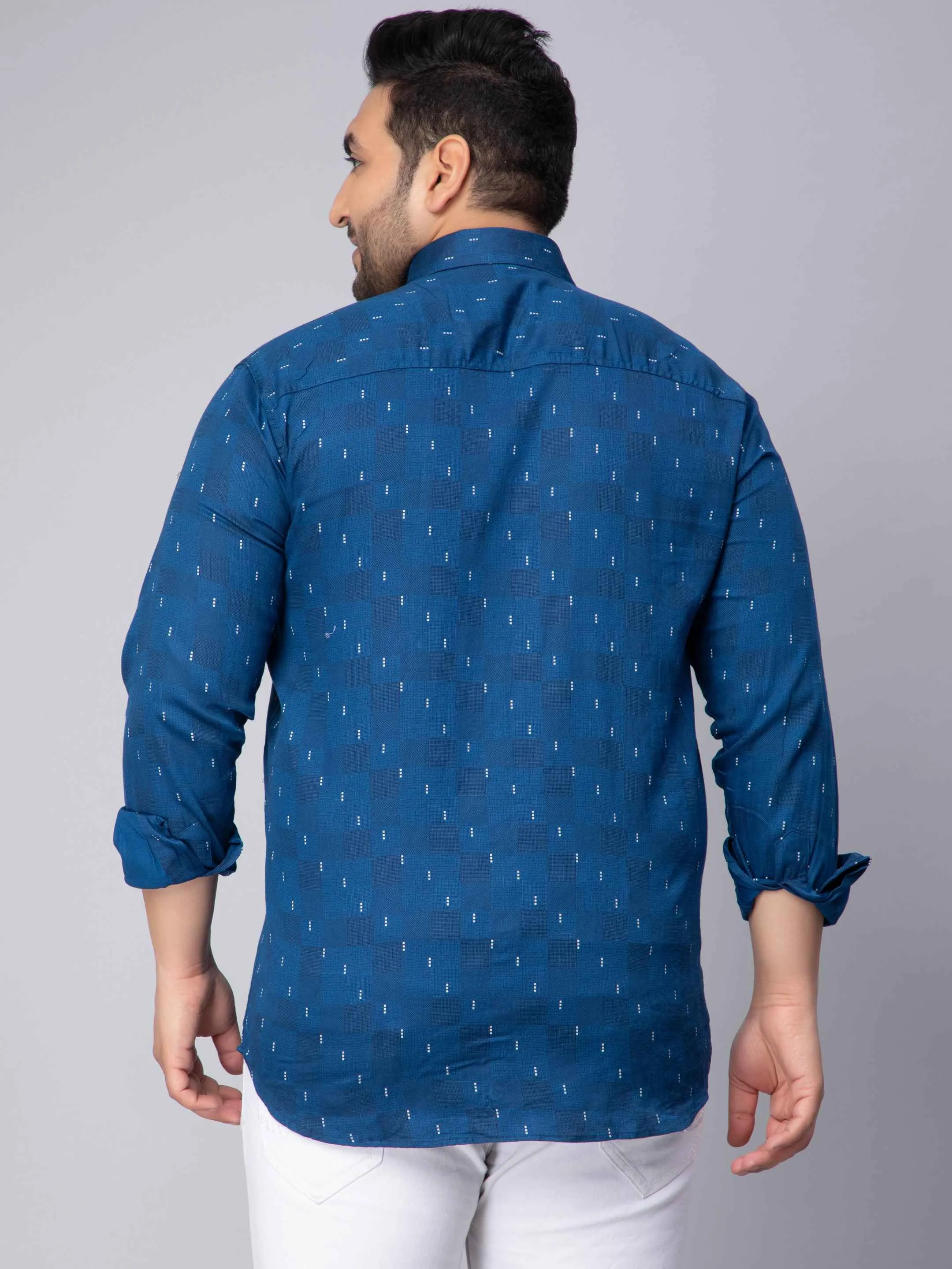 Peacock Blue Square Printed Plus Size Shirt