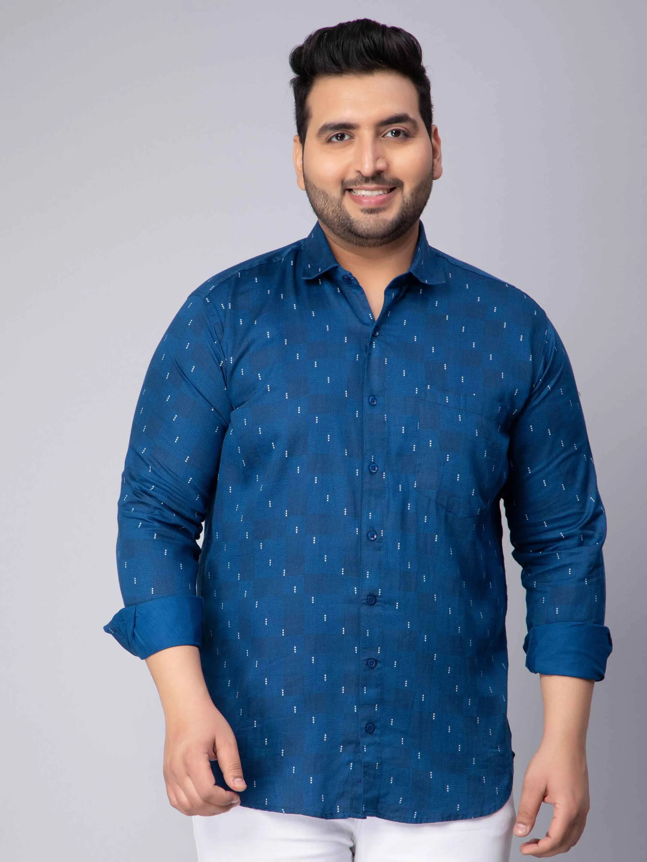 Peacock Blue Square Printed Plus Size Shirt