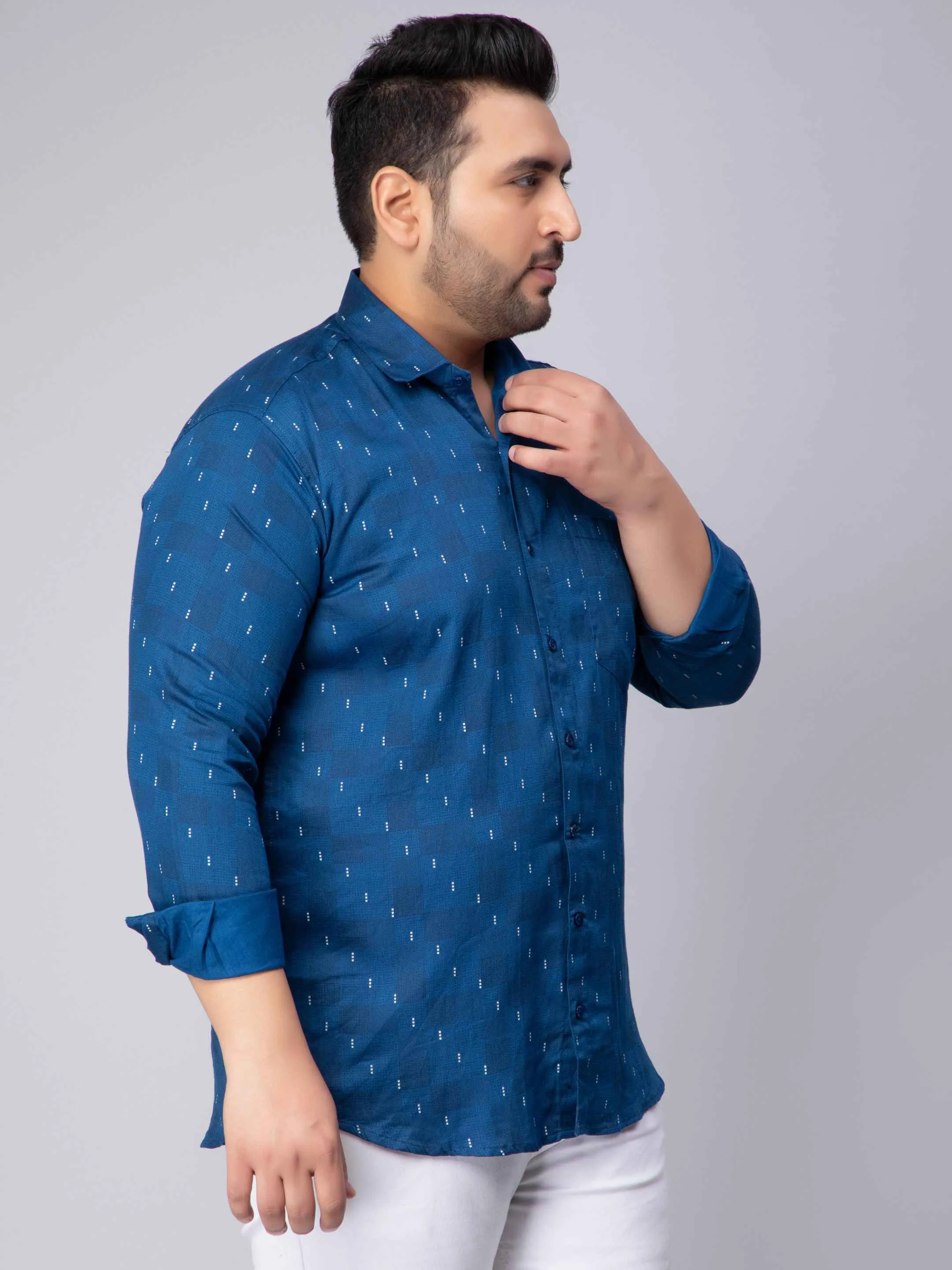 Peacock Blue Square Printed Plus Size Shirt