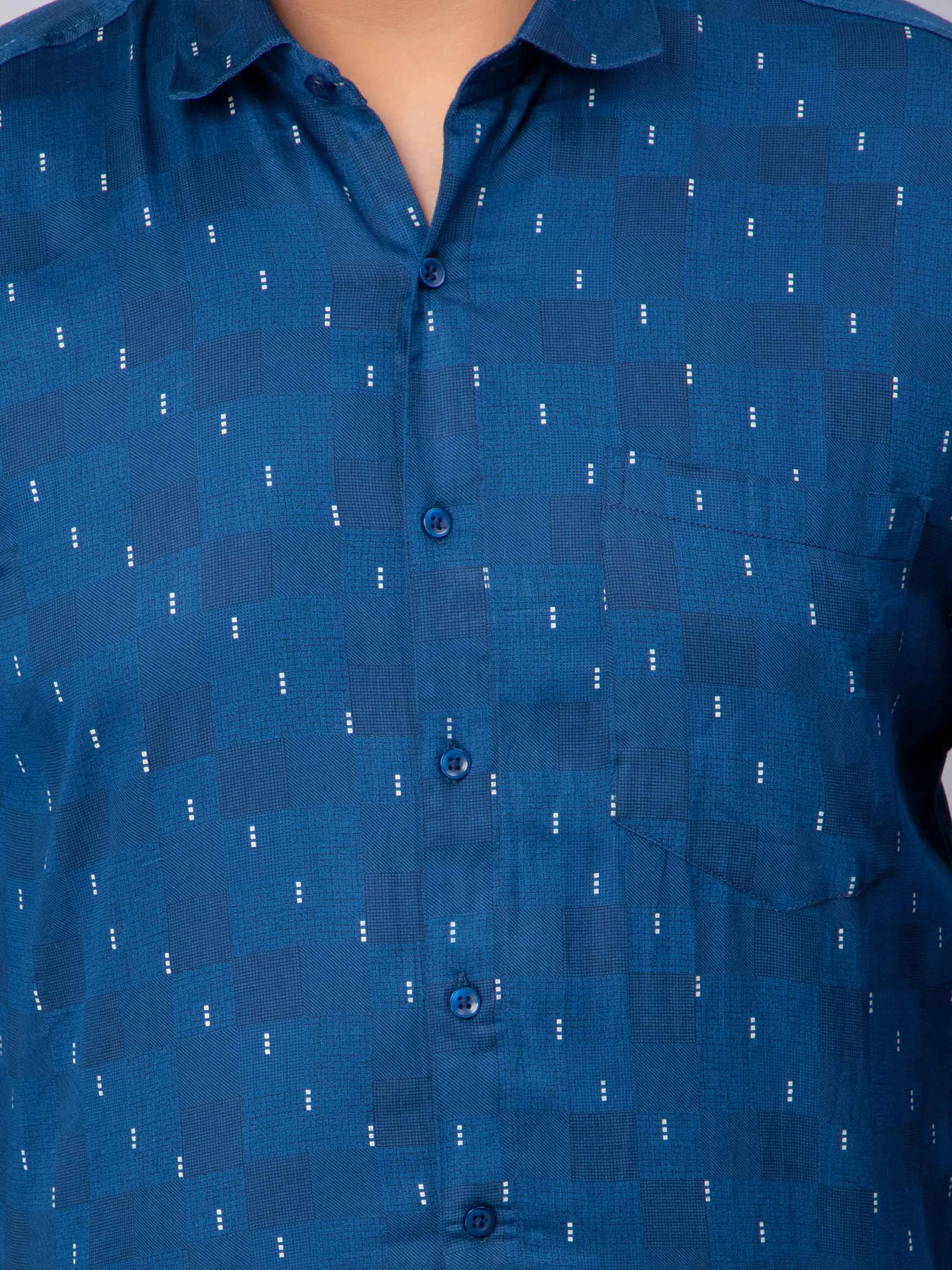 Peacock Blue Square Printed Plus Size Shirt