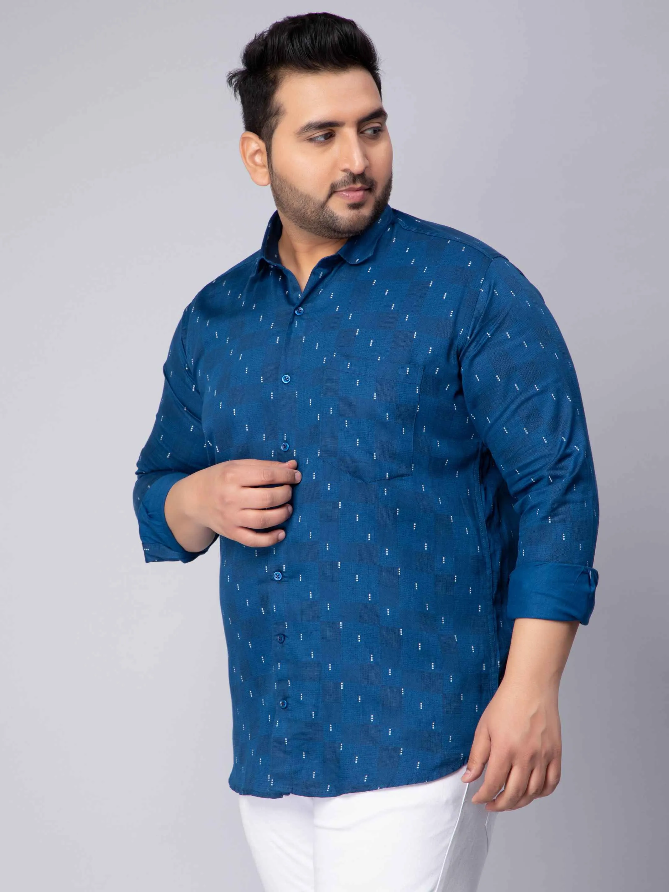 Peacock Blue Square Printed Plus Size Shirt