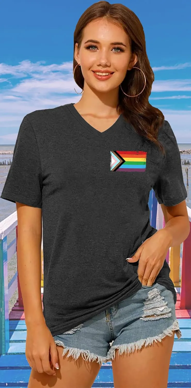 Pride Shirts for Women: Rainbow Graphic T-Shirts LGBT Equality Gay Pride Tees Casual V Neck Short Sleeve Tops