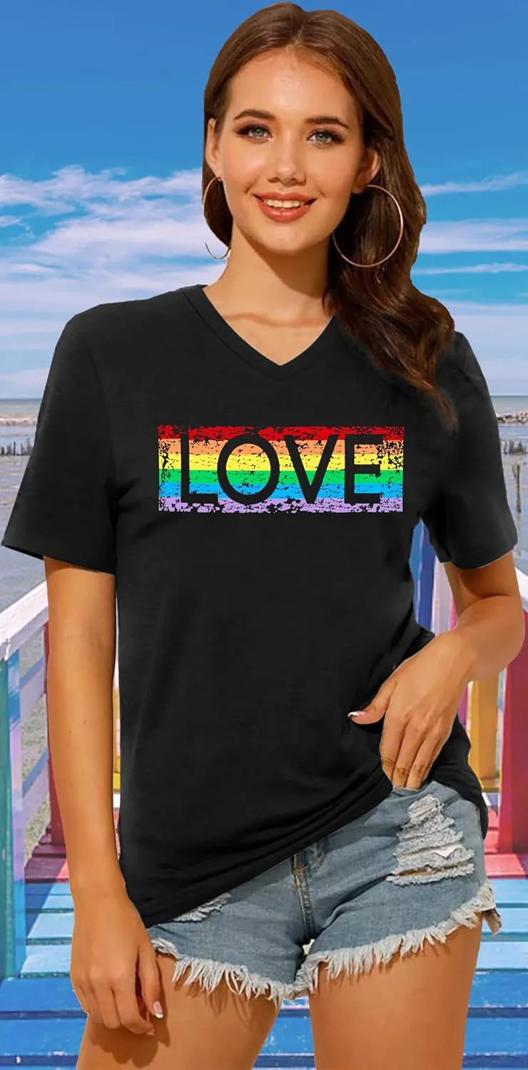 Pride Shirts for Women: Rainbow Graphic T-Shirts LGBT Equality Gay Pride Tees Casual V Neck Short Sleeve Tops