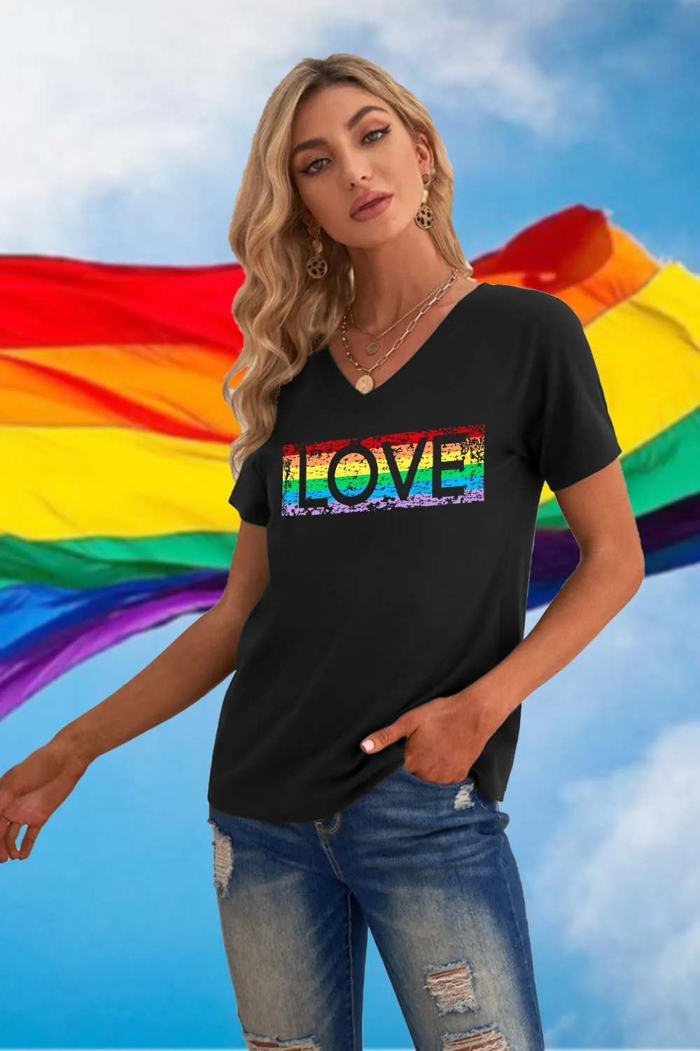 Pride Shirts for Women: Rainbow Graphic T-Shirts LGBT Equality Gay Pride Tees Casual V Neck Short Sleeve Tops