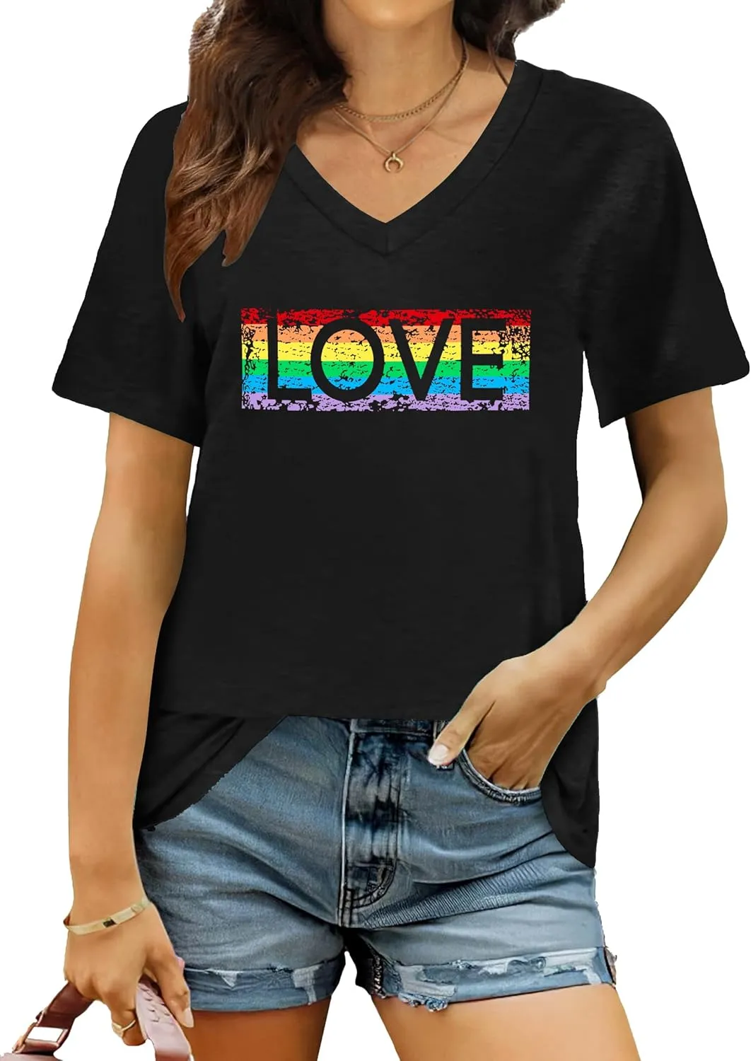 Pride Shirts for Women: Rainbow Graphic T-Shirts LGBT Equality Gay Pride Tees Casual V Neck Short Sleeve Tops