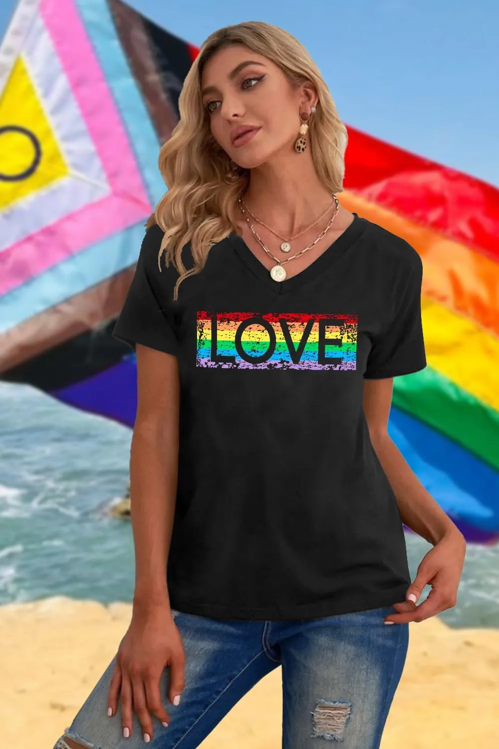 Pride Shirts for Women: Rainbow Graphic T-Shirts LGBT Equality Gay Pride Tees Casual V Neck Short Sleeve Tops