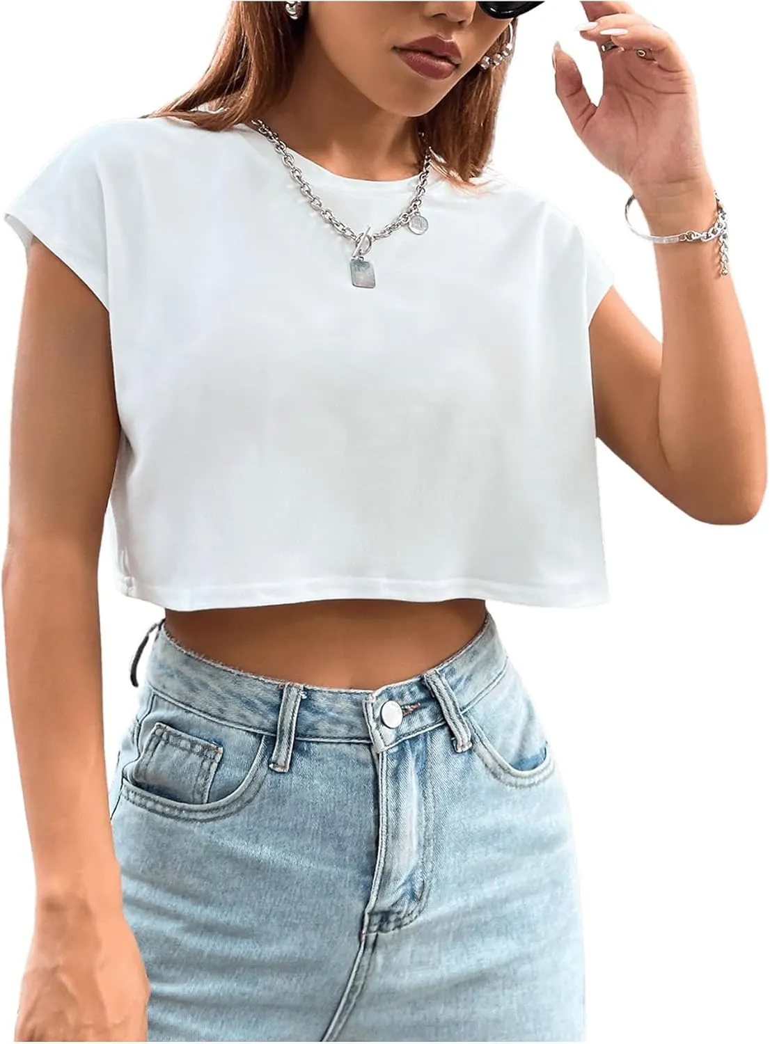 SweatyRocks Women's Batwing Crop Tops Causal Short Sleeve Crewneck Loose Cropped T Shirts