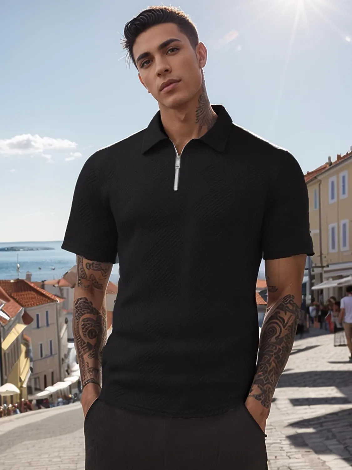 UOUA Men's Zipper Polo Shirts Short Sleeve Sweatshirts Soild Color Tops Striped Texture Casual Golf T