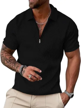 UOUA Men's Zipper Polo Shirts Short Sleeve Sweatshirts Soild Color Tops Striped Texture Casual Golf T